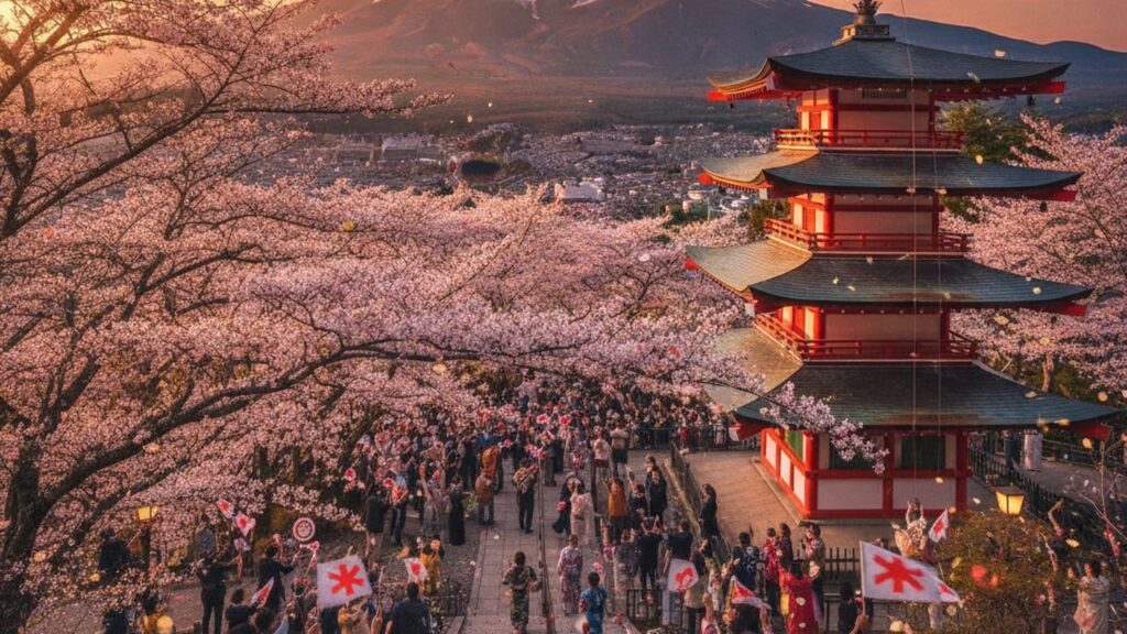 Berg Fuji mit Pagode und Kirschbluete – Feiertage in Japan 2026