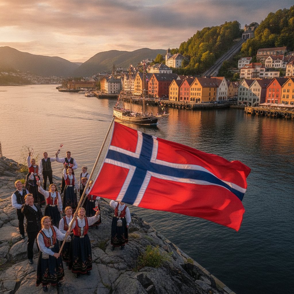 Feiertage in Norwegen 2026 – norwegische Flagge am Fjord, Verfassungstag 17. Mai
