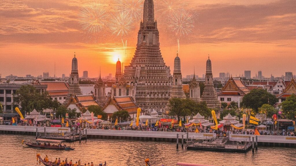 Wat Arun Tempel und Chao Phraya in Bangkok bei Sonnenuntergang – Feiertage in Thailand 2026