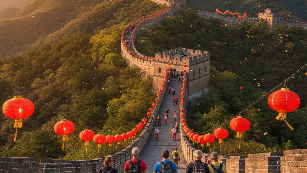 Chinesische Mauer mit roten Laternen – Feiertage in China 2026