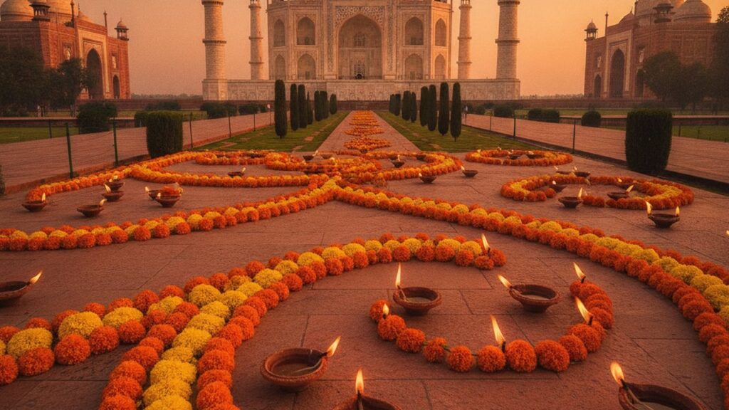 Taj Mahal in Agra mit Diwali-Lichtern – Feiertage in Indien 2026