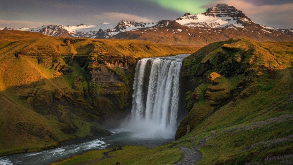 Isländische Landschaft mit Wasserfall – Feiertage in Island 2026