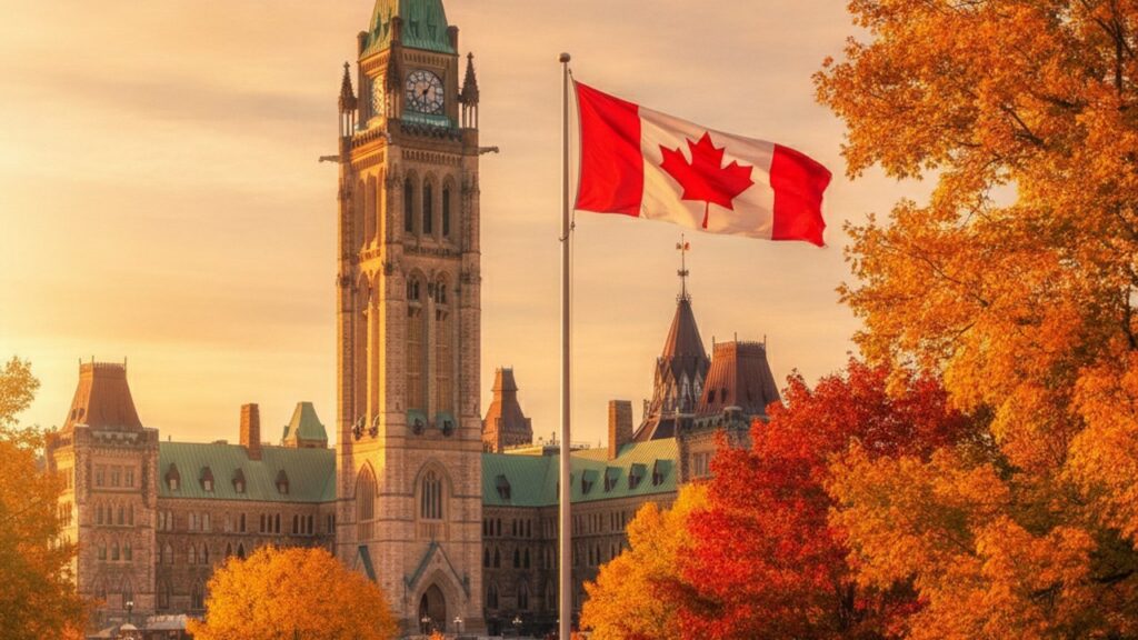 Parliament Hill Peace Tower in Ottawa mit kanadischer Flagge im Herbst - Feiertage in Kanada 2026
