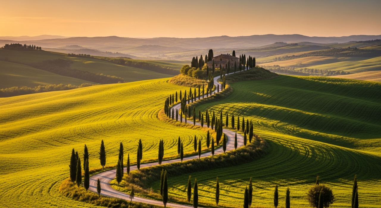 Toskana Hügellandschaft mit Zypressen bei Sonnenuntergang, Italien