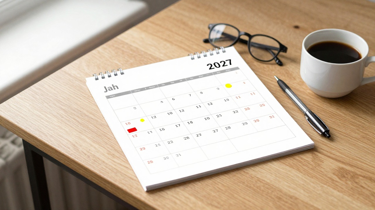 Wandkalender 2027 mit farbig markierten Brückentagen