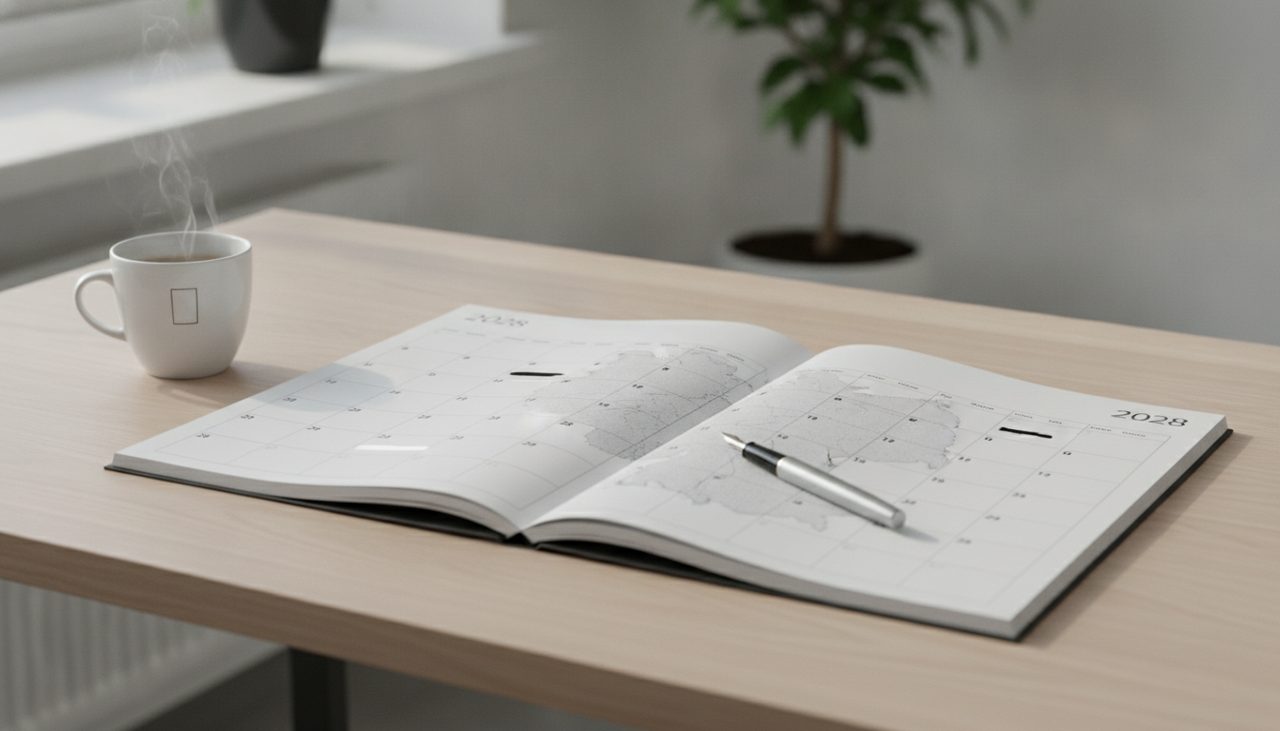 Wandkalender 2028 mit Deutschlandkarte auf einem aufgeräumten Schreibtisch